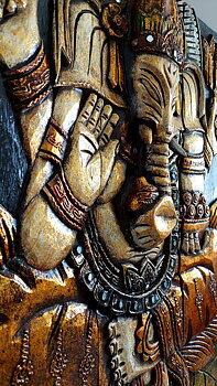 Tavla i trä / Väggdekoration - Ganesha med speglar, Vit/Guld