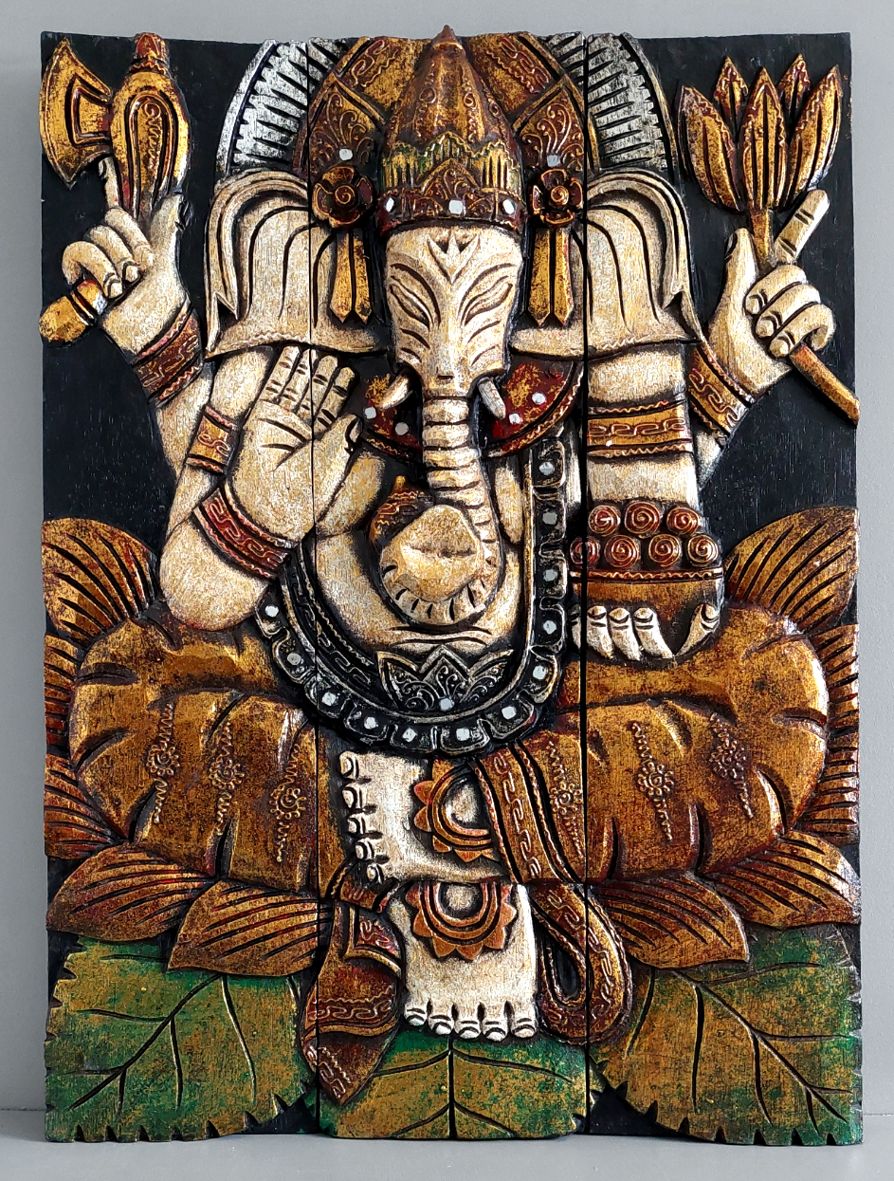 Tavla i trä / Väggdekoration - Ganesha med speglar, Vit/Guld