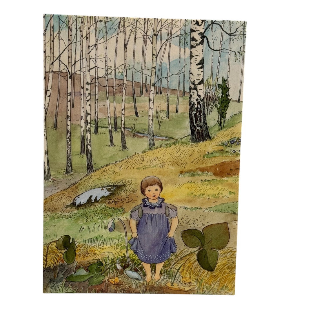 Elsa Beskow Vykort - Blåsippan ute i backarna står