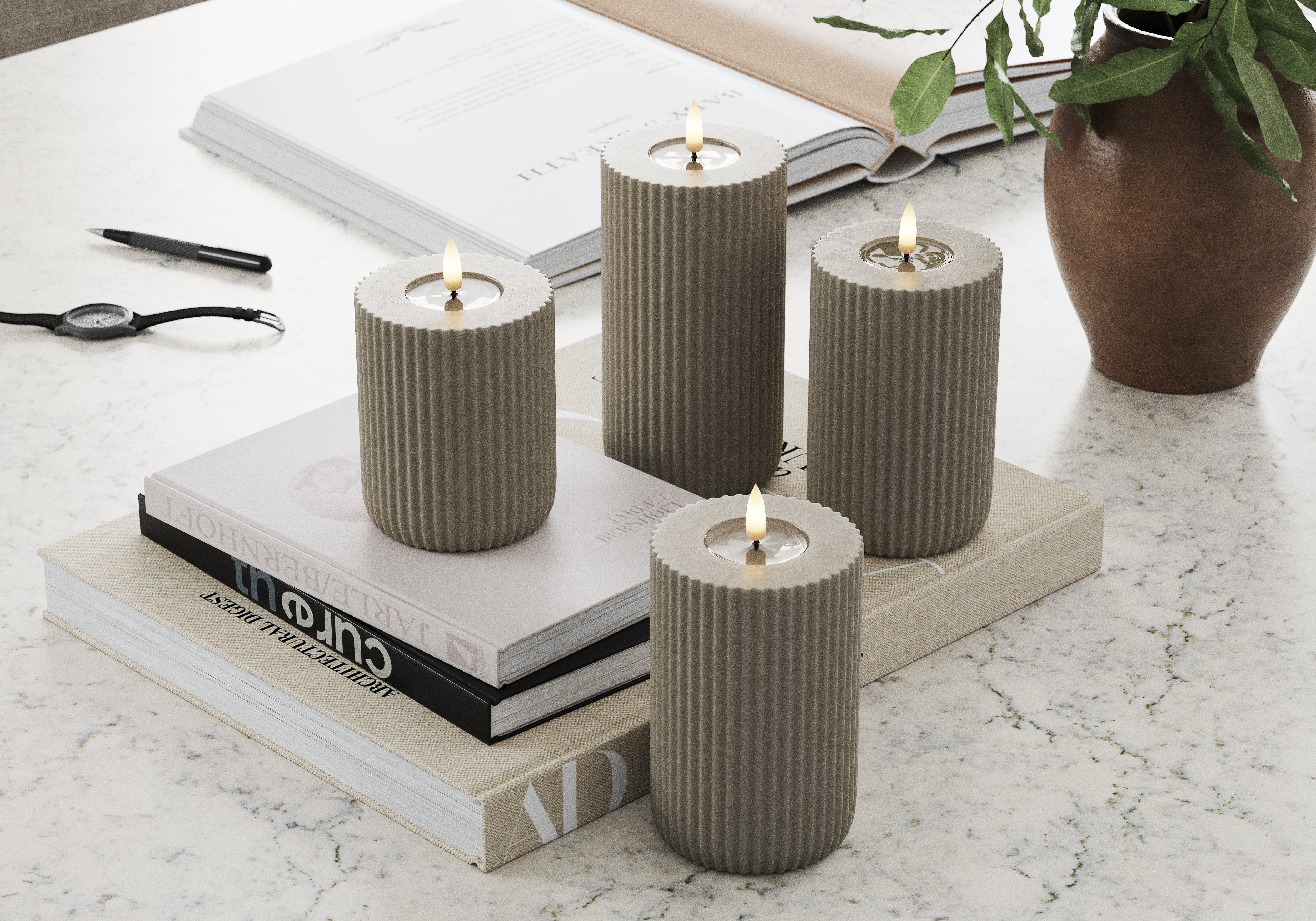 Deluxe Homeart - Blockljus Solid Stripe - Sand - 8x15 cm - 6