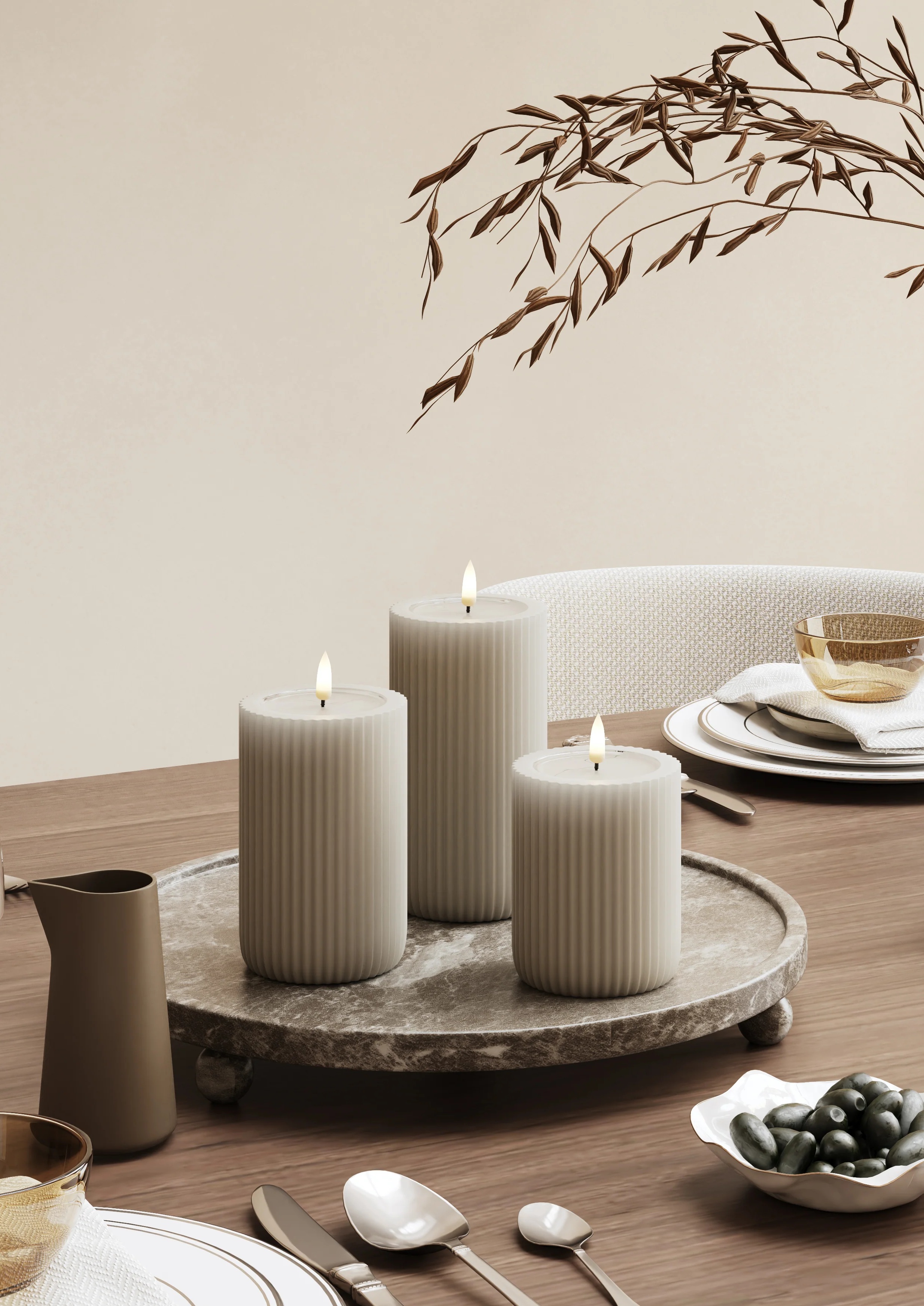 Deluxe Homeart - Blockljus Solid Stripe - Sand - 8x15 cm - 7