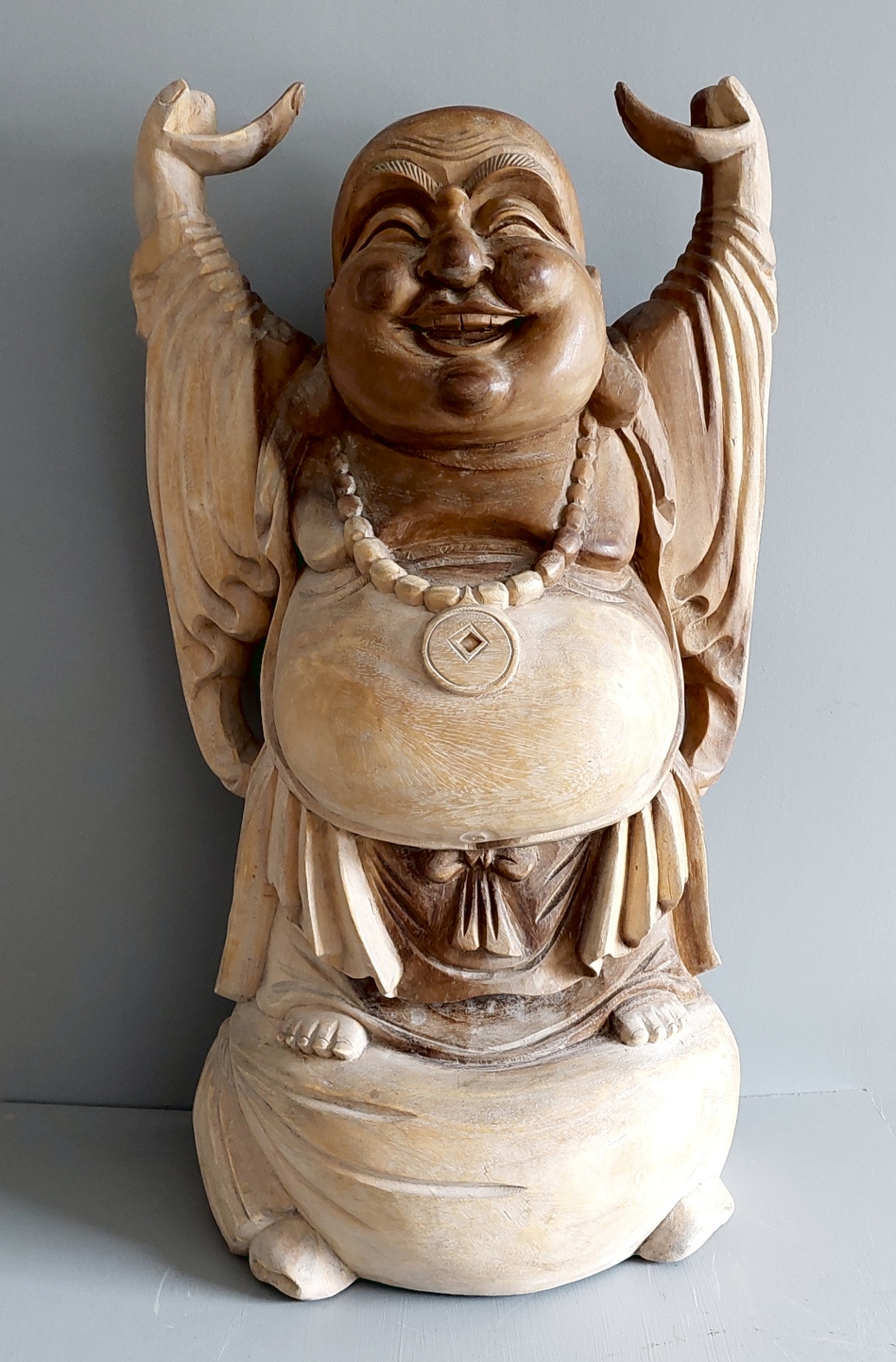 Stor Happy Buddha Staty i Trä - 2