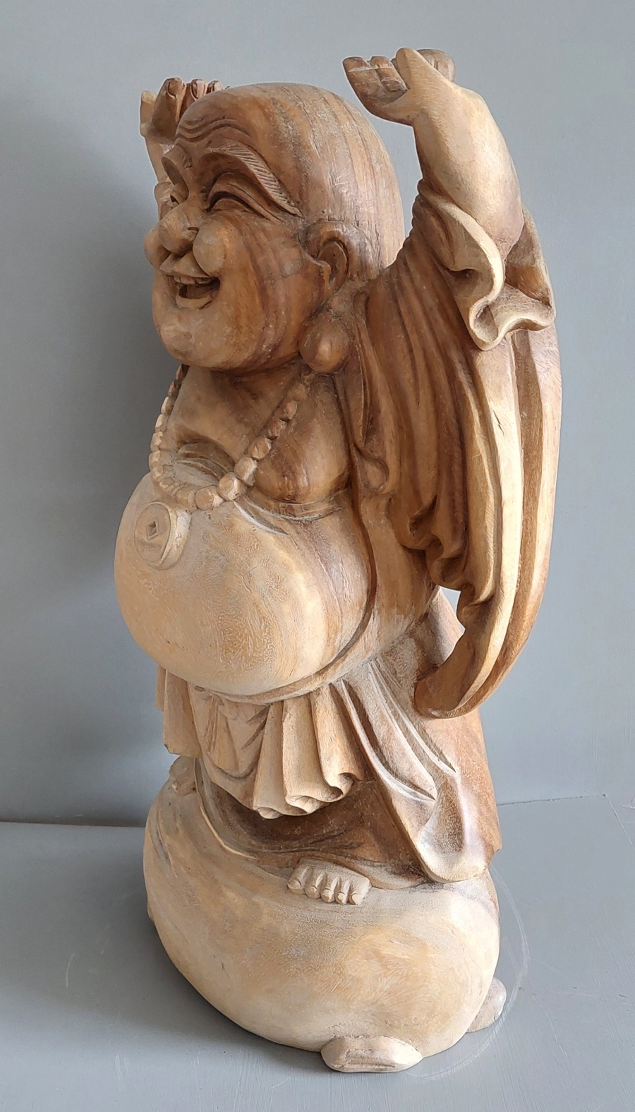 Stor Happy Buddha Staty i Trä - 3
