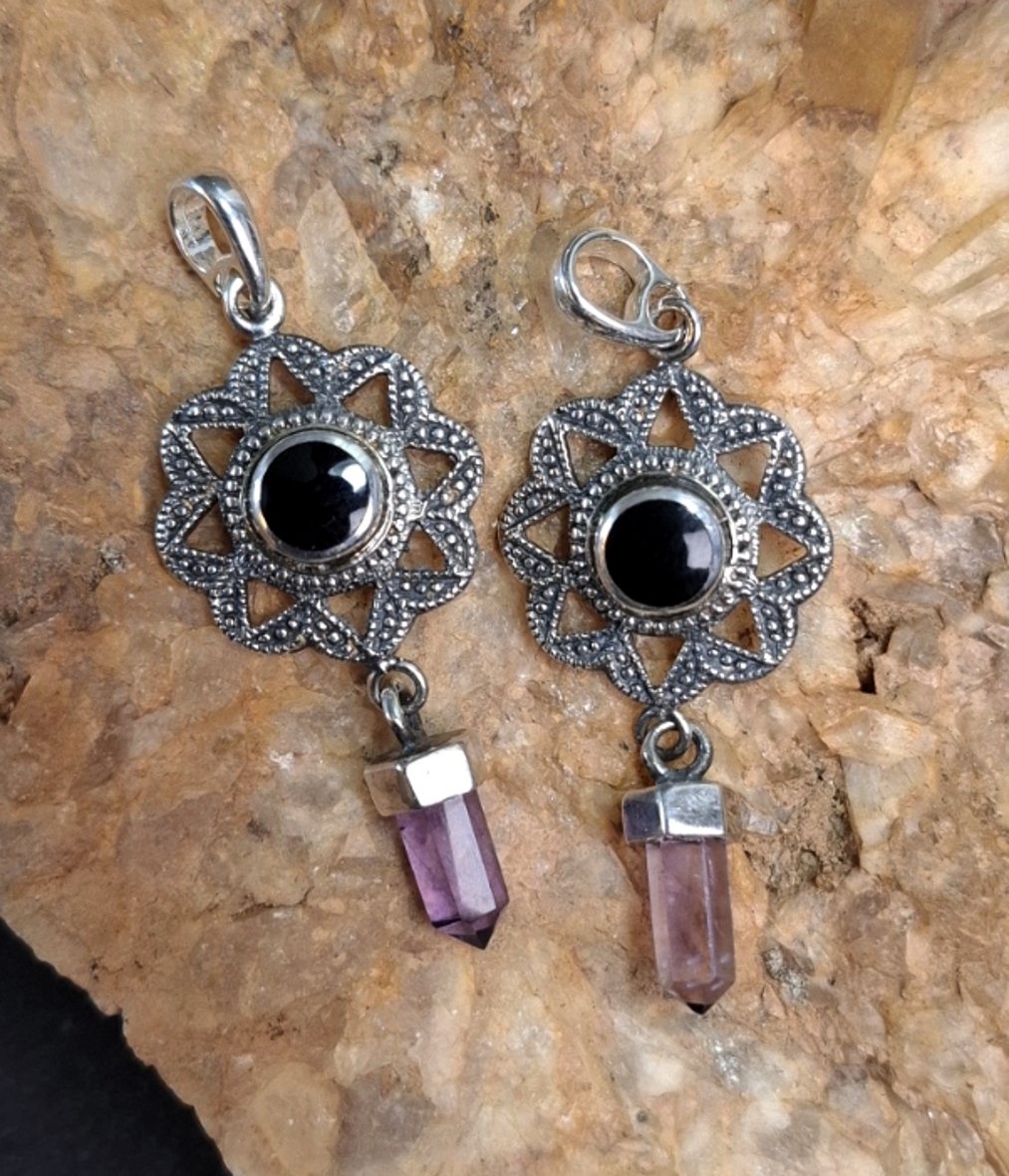 Ametist Mini spets med onyx mandala Hängen i Silver