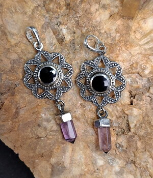 Ametist Mini spets med onyx mandala Hängen i Silver