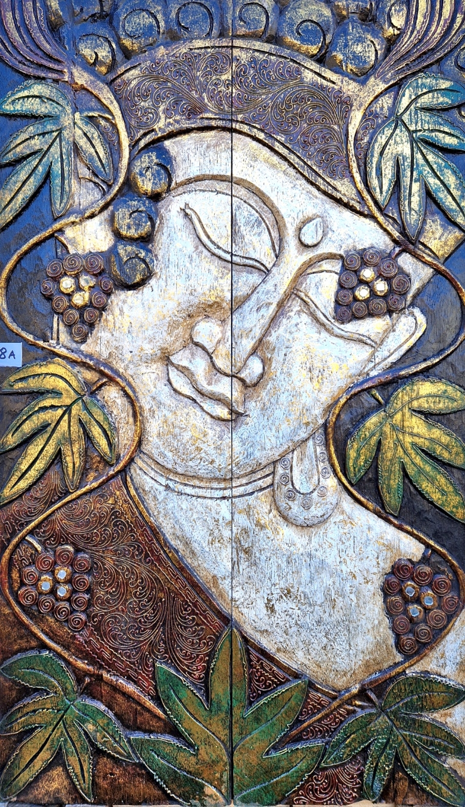 Tavla i trä / Väggdekoration - Buddha med blad, Vit
