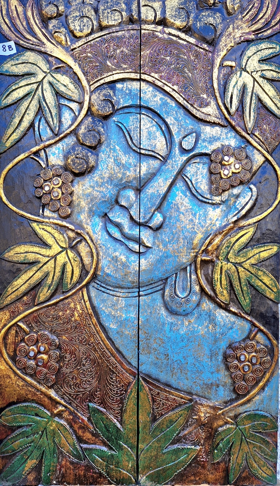 Tavla i trä / Väggdekoration - Buddha med blad, Blå