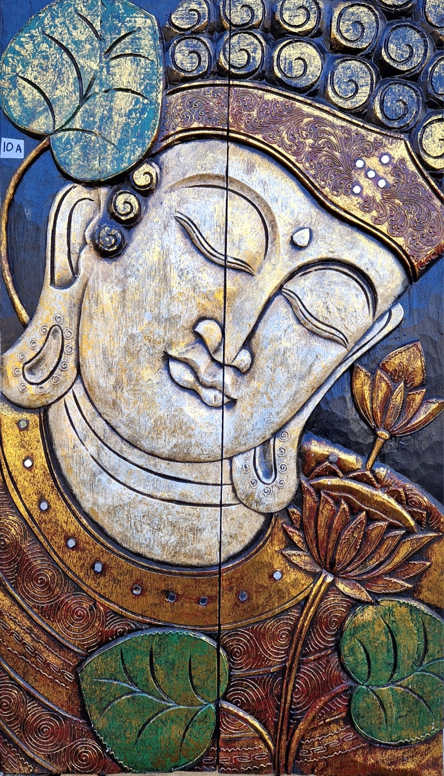 Tavla i trä / Väggdekoration - Buddha med lotus, Vit