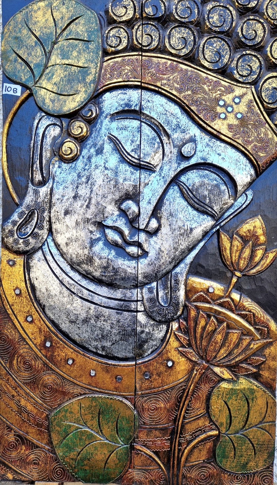 Tavla i trä / Väggdekoration - Buddha med lotus, Guld