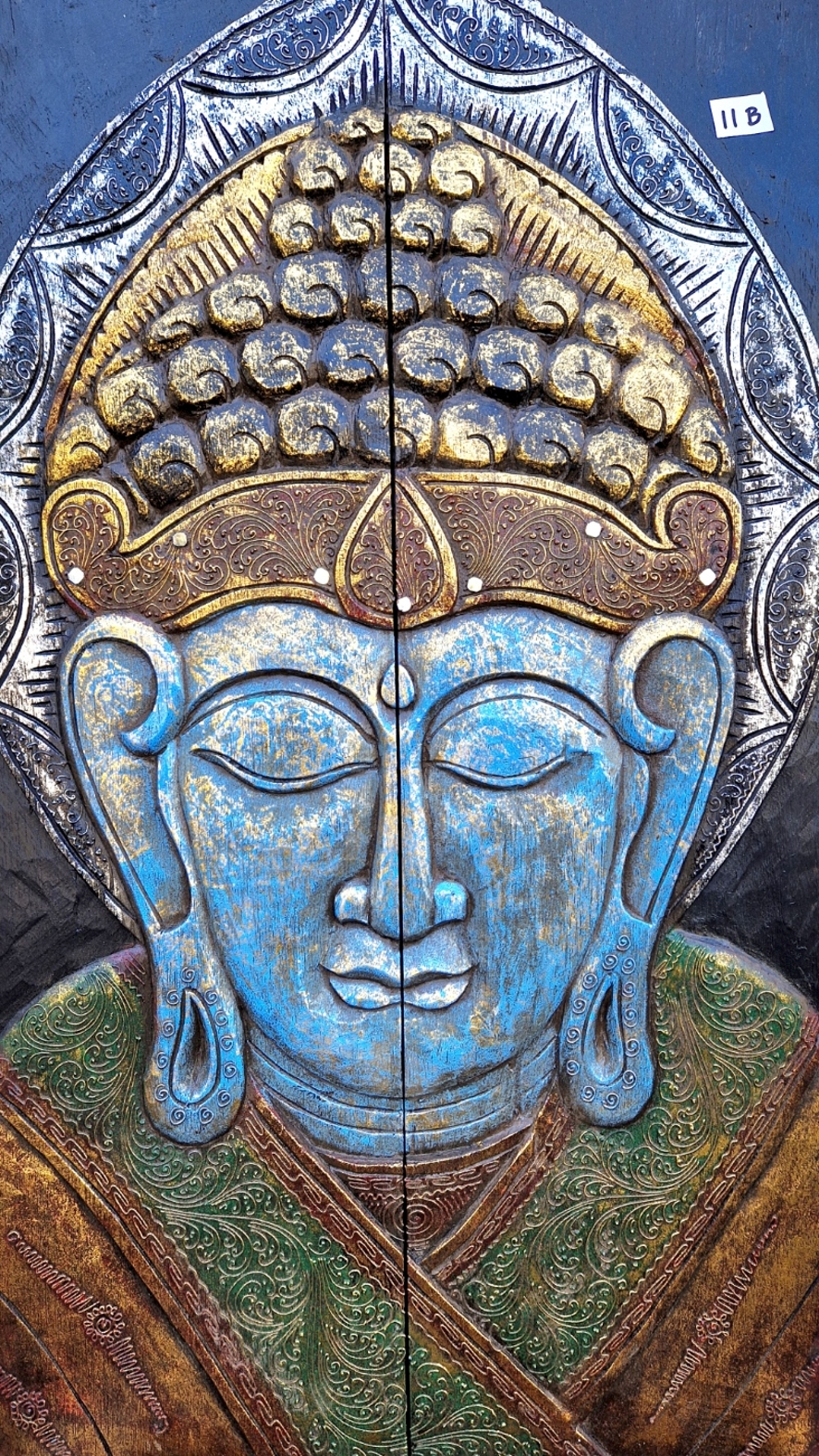 Tavla i trä / Väggdekoration - Buddha, Blå/Guld