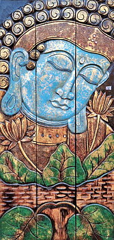 Tavla i trä / Väggdekoration - Buddha med lotus, Blå