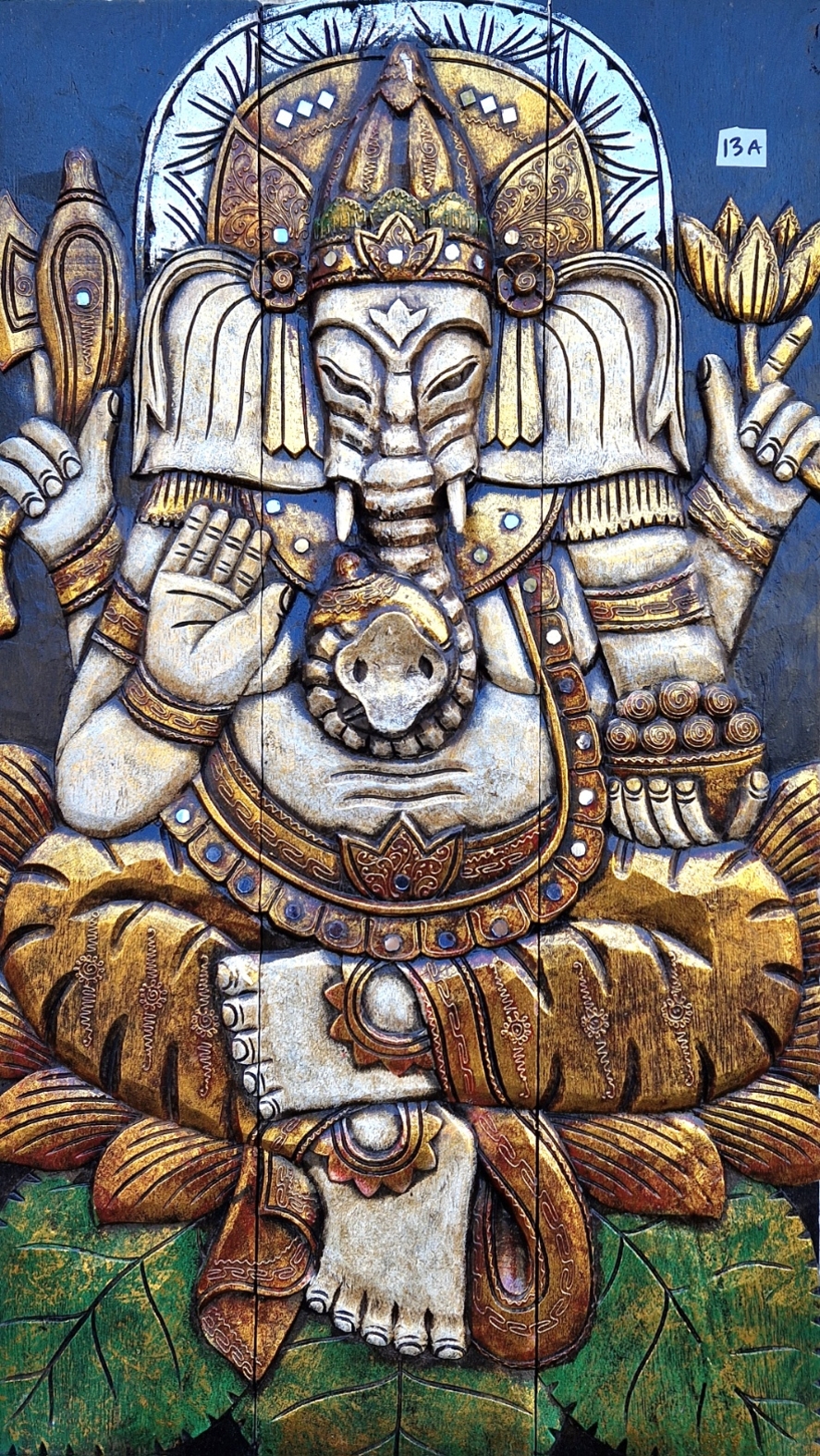 Tavla i trä / Väggdekoration - Ganesha, Vit/Guld