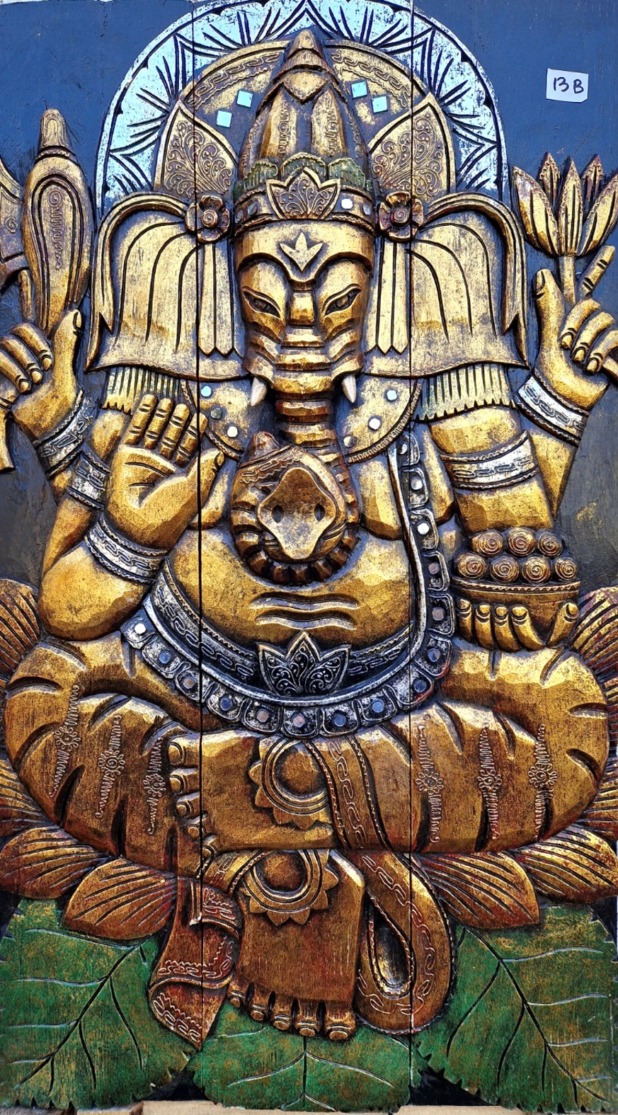 Tavla i trä / Väggdekoration - Ganesha, Guld/Röd