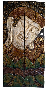 Tavla i trä / Väggdekoration - Buddha med blad, Vit/Guld