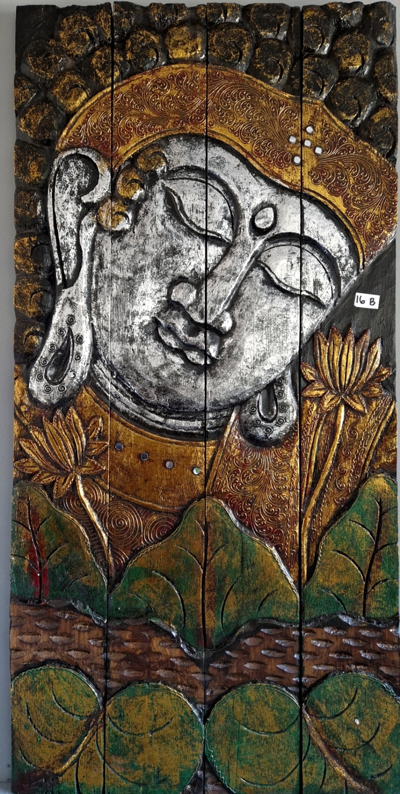 Tavla i trä / Väggdekoration - Buddha med blad, Silver