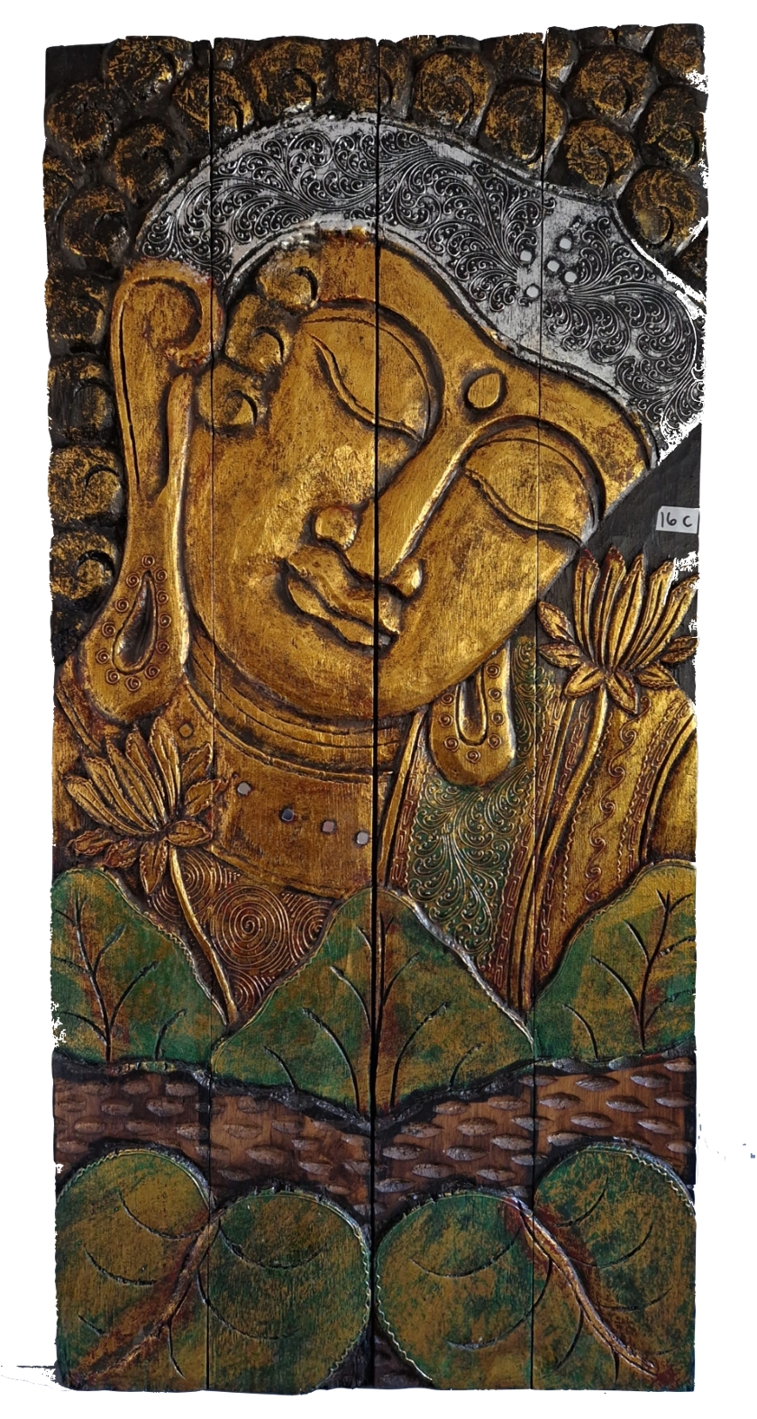 Tavla i trä / Väggdekoration - Buddha med blad, Guld