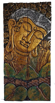 Tavla i trä / Väggdekoration - Buddha med blad, Guld