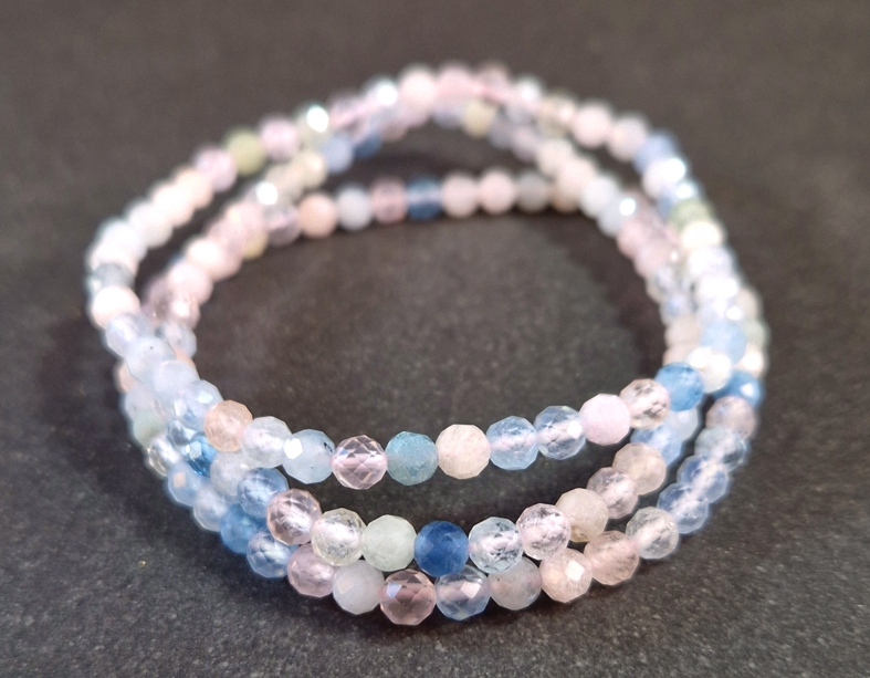 Fasettslipad Morganit och Akvamarin, Armband på elastiskt band - 4mm