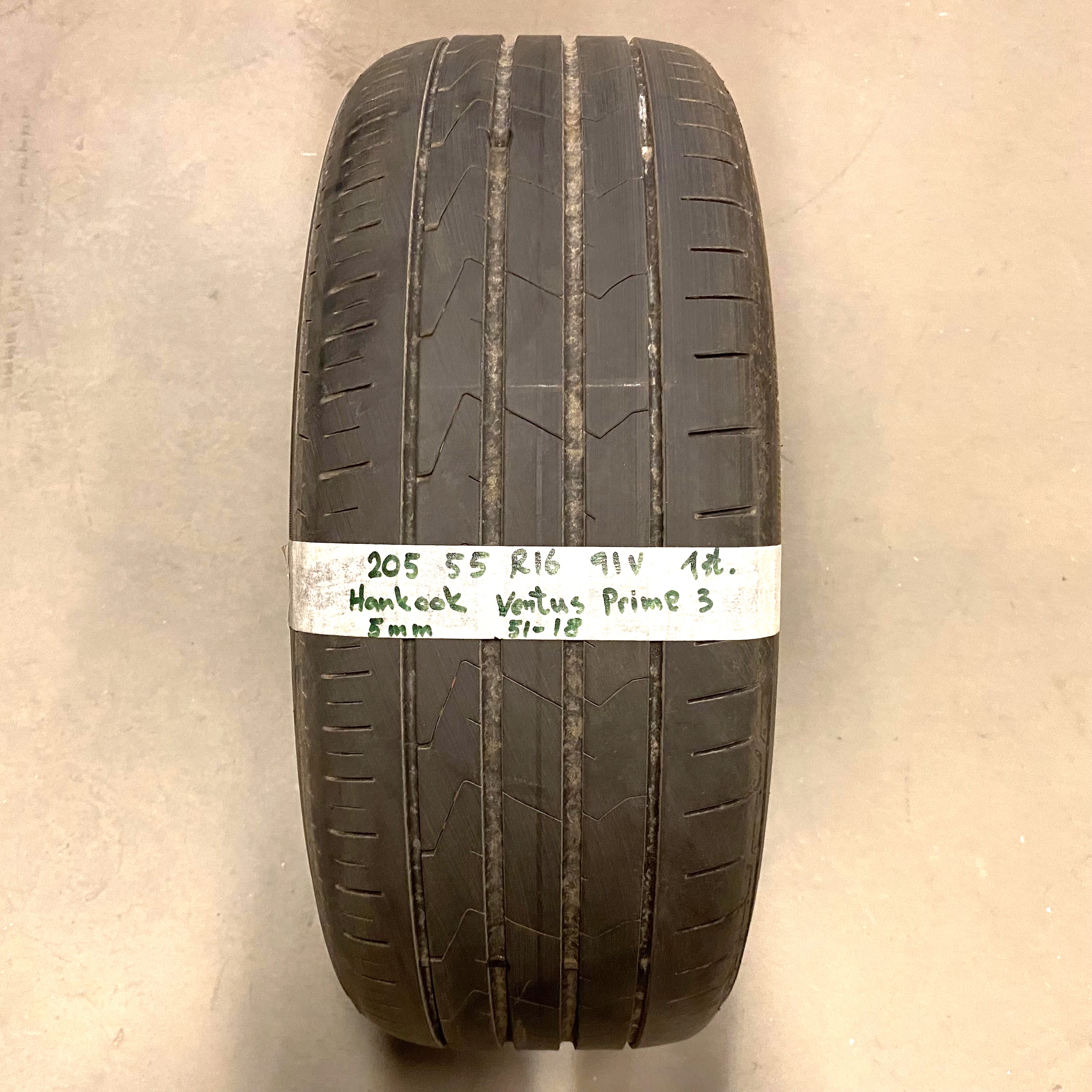 16" BEGAGNAT SOMMARDÄCK | 1 st 205/55 R16 91V Hankook Ventus Prime 3 | V51-18 | 5 mm | Z-2