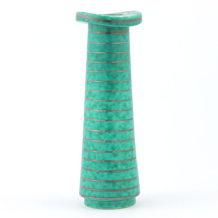 Wilhelm Kåge (Argenta 1955) Green Slender Vase with Silver Decor 16 cm