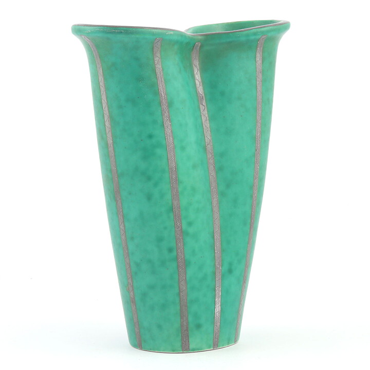 Wilhelm Kåge (Argenta 1934) Green Modern Vase with Silver Decor 16 cm