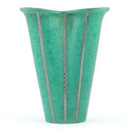 Wilhelm Kåge (Argenta 1934) Green Modern Vase with Silver Decor 16 cm