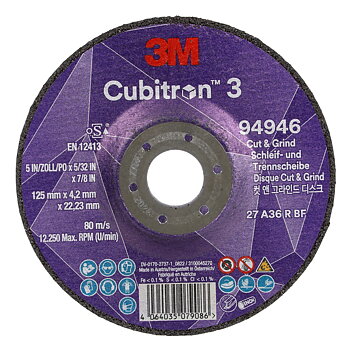 3M™ Cubitron™ 3 Cutting and Grinding Wheel, 36+, T27, 125 mm x 4.2 mm x 22.23 mm