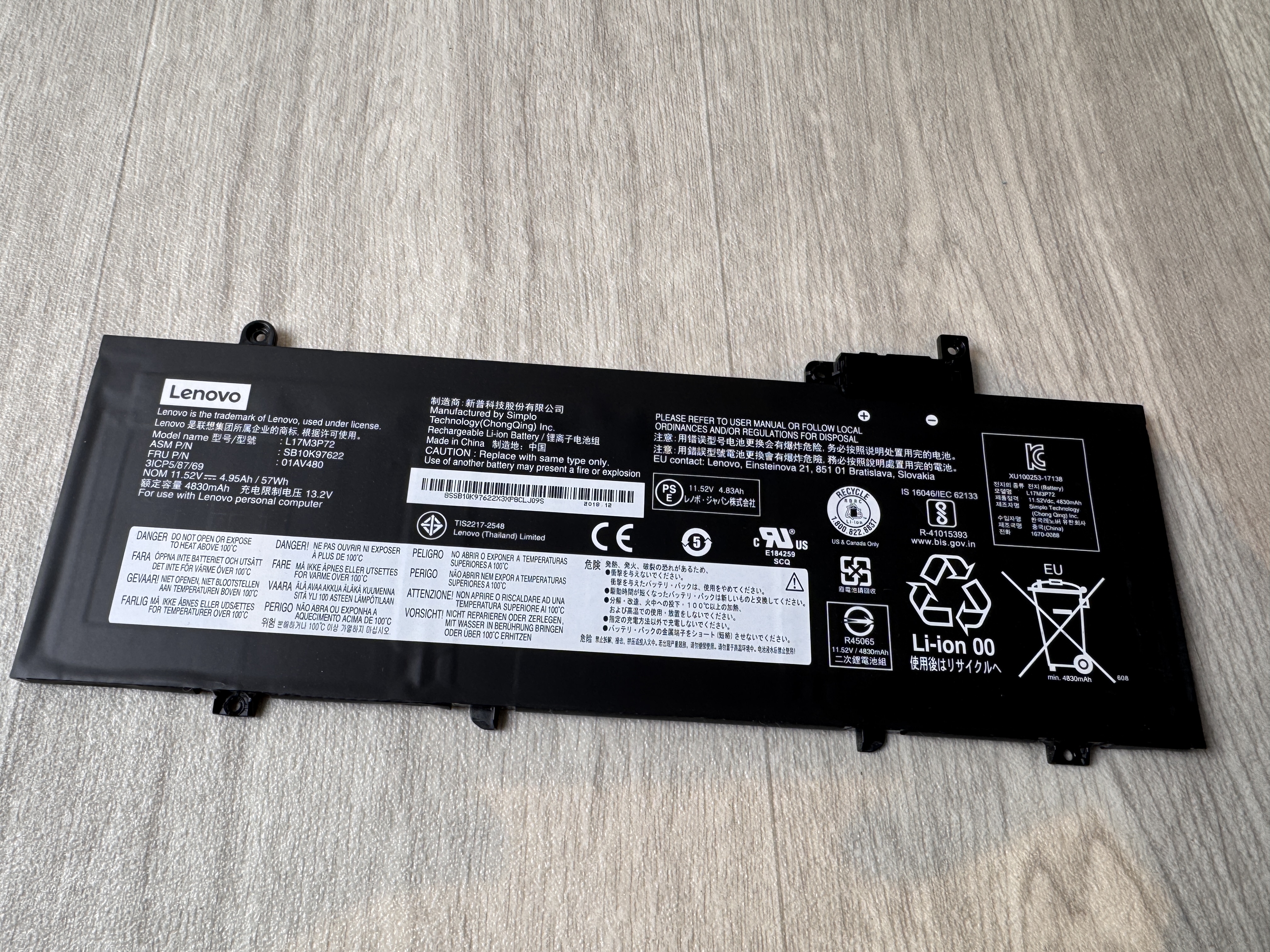 Begagnad Original Lenovo L17M3P72 batteri till Lenovo ThinkPad T480s 57Wh