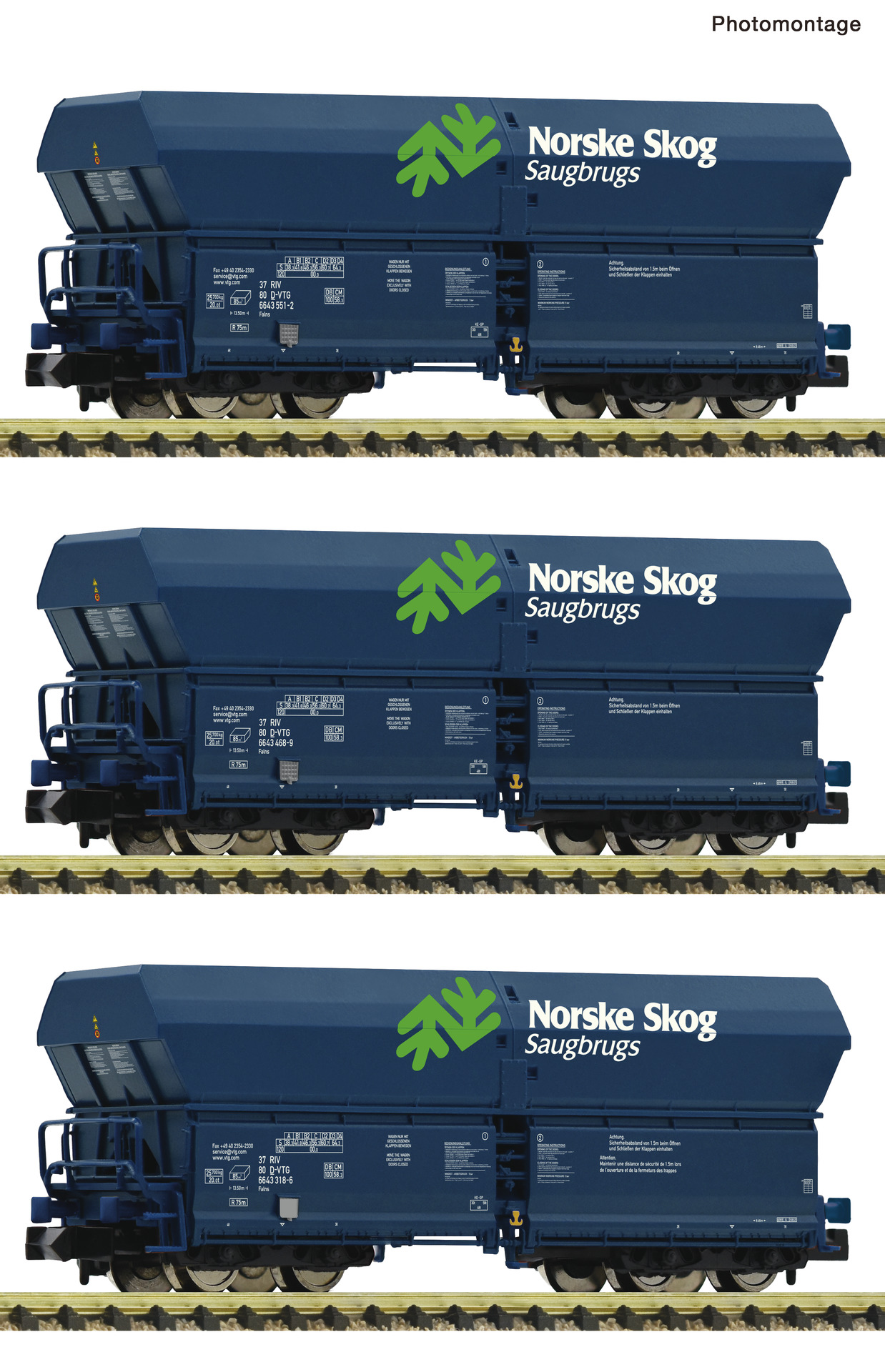 3 piece set: Self-unloading hopper wagons "Norske Skog", VTG