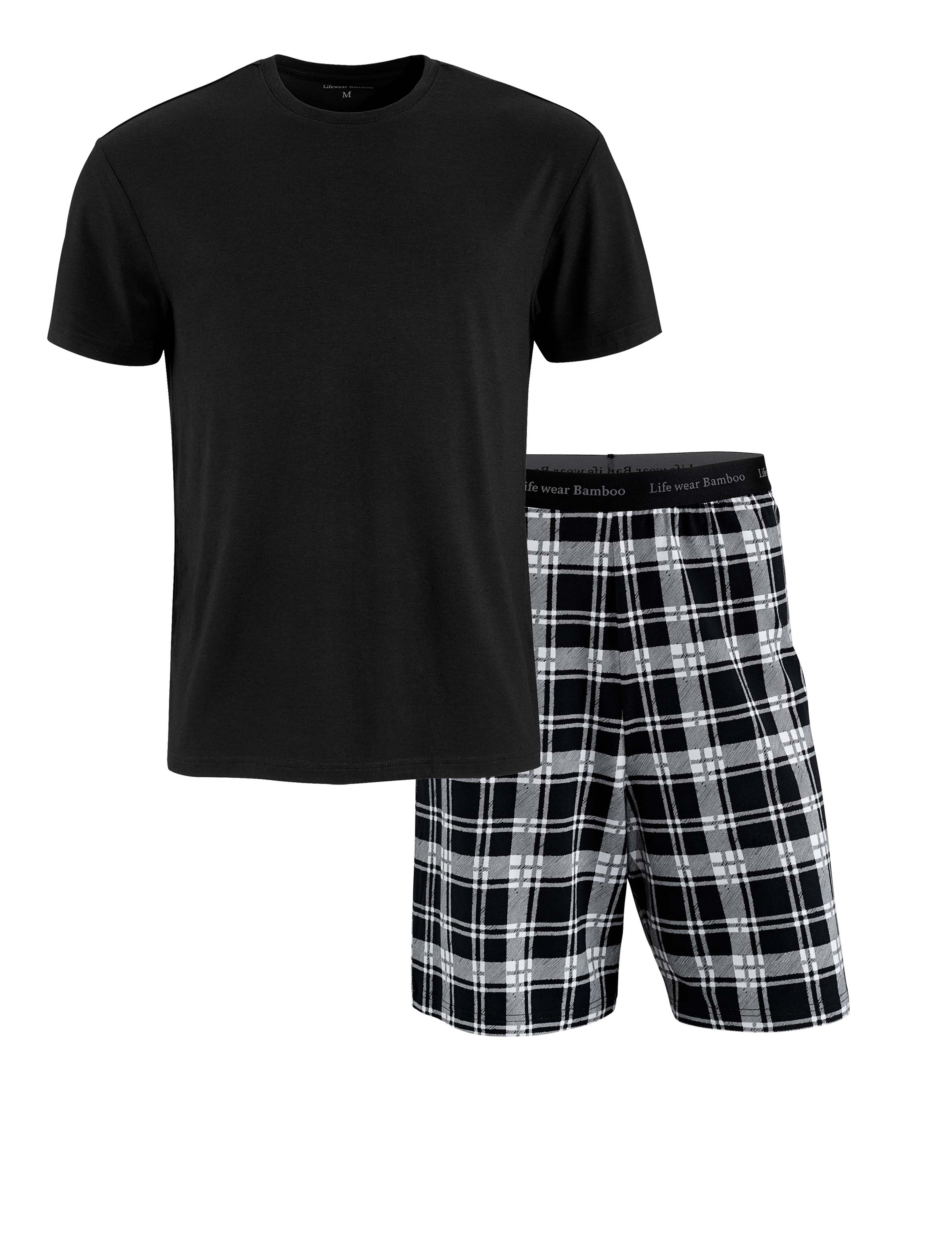 Rutiga pyjamasshorts och svart t-tröja i bambu - herr