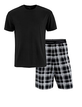 Rutiga pyjamasshorts och svart t-tröja i bambu - herr