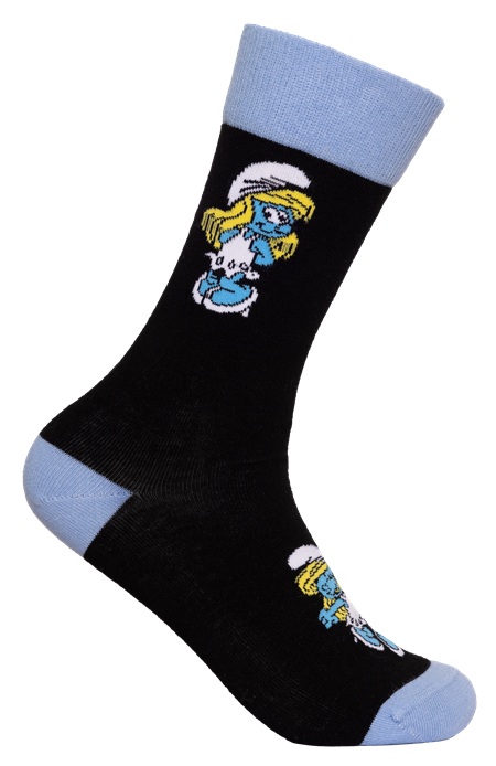 Svarta strumpor med blå topp, tå och häl prydda Smurfan
