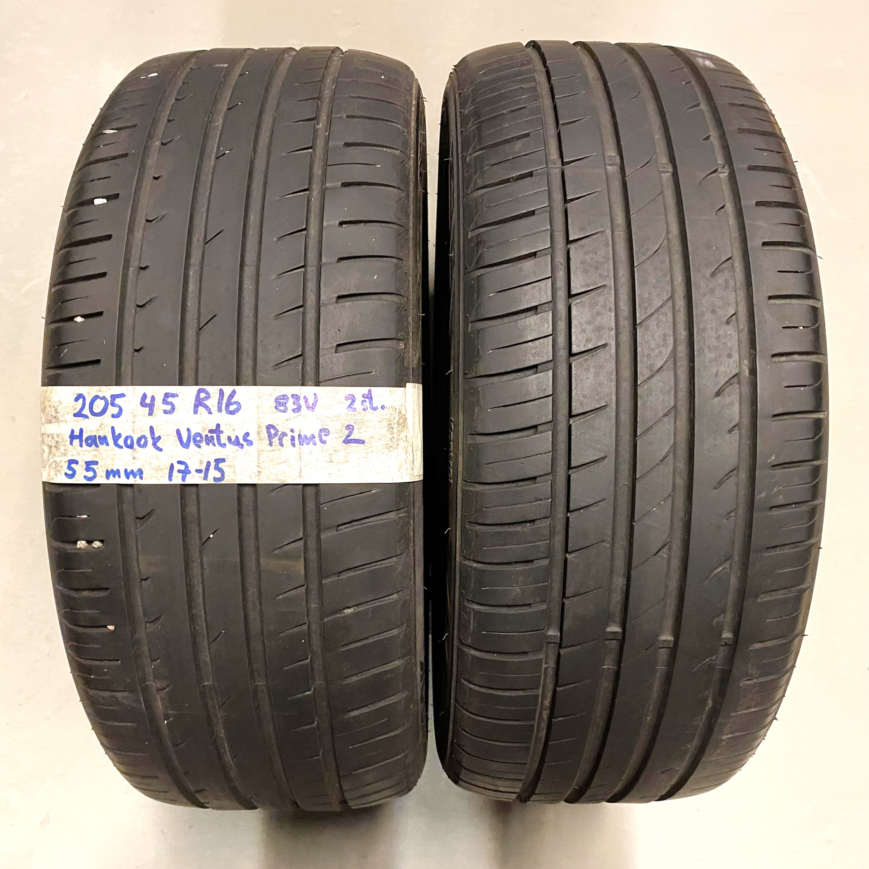 16" BEGAGNADE SOMMARDÄCK | 2 st 205/45 R16 83V Hankook Ventus Prime 2 | V17-15 | 5|5 mm | T-4