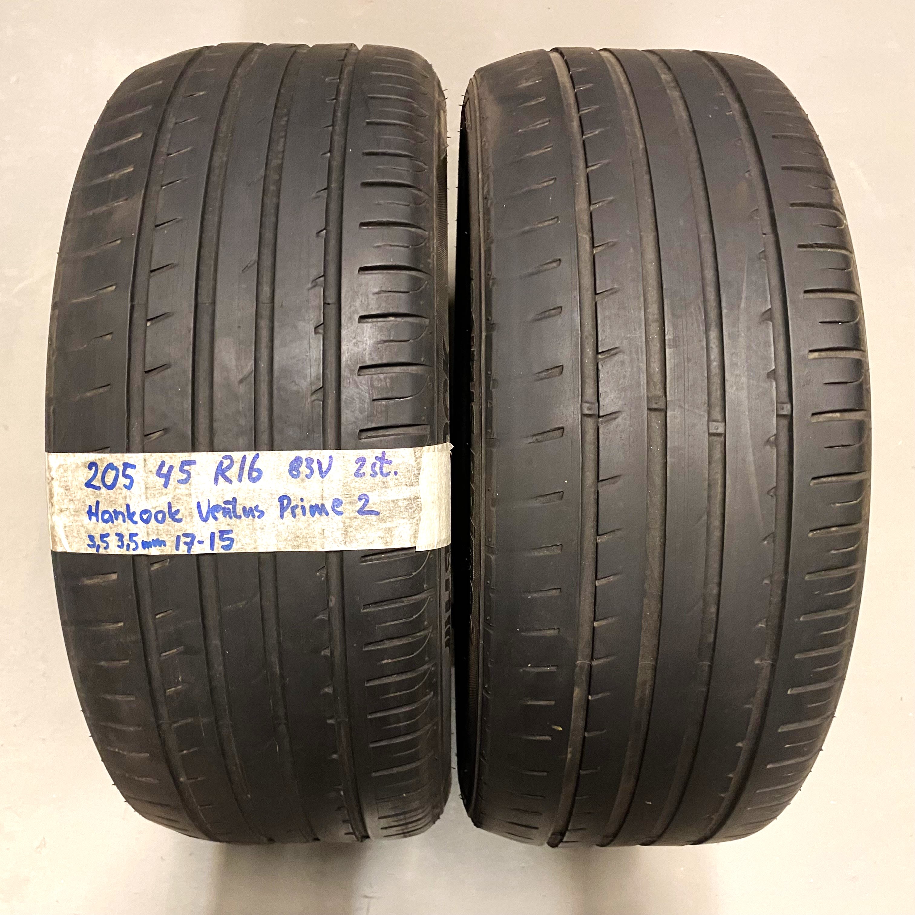 16" BEGAGNADE SOMMARDÄCK | 2 st 205/45 R16 83V Hankook Ventus Prime 2 Sneslitning | V17-15 | 3.5|3.5 mm | T-4