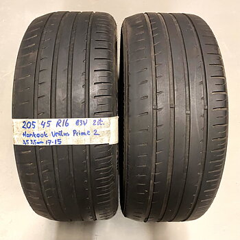 16" BEGAGNADE SOMMARDÄCK | 2 st 205/45 R16 83V Hankook Ventus Prime 2 Sneslitning | V17-15 | 3.5|3.5 mm | T-4