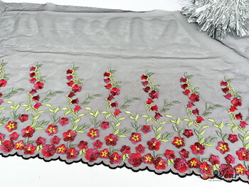 Beautiful black non-stretch lace with flowers in autumn red - 23 cm