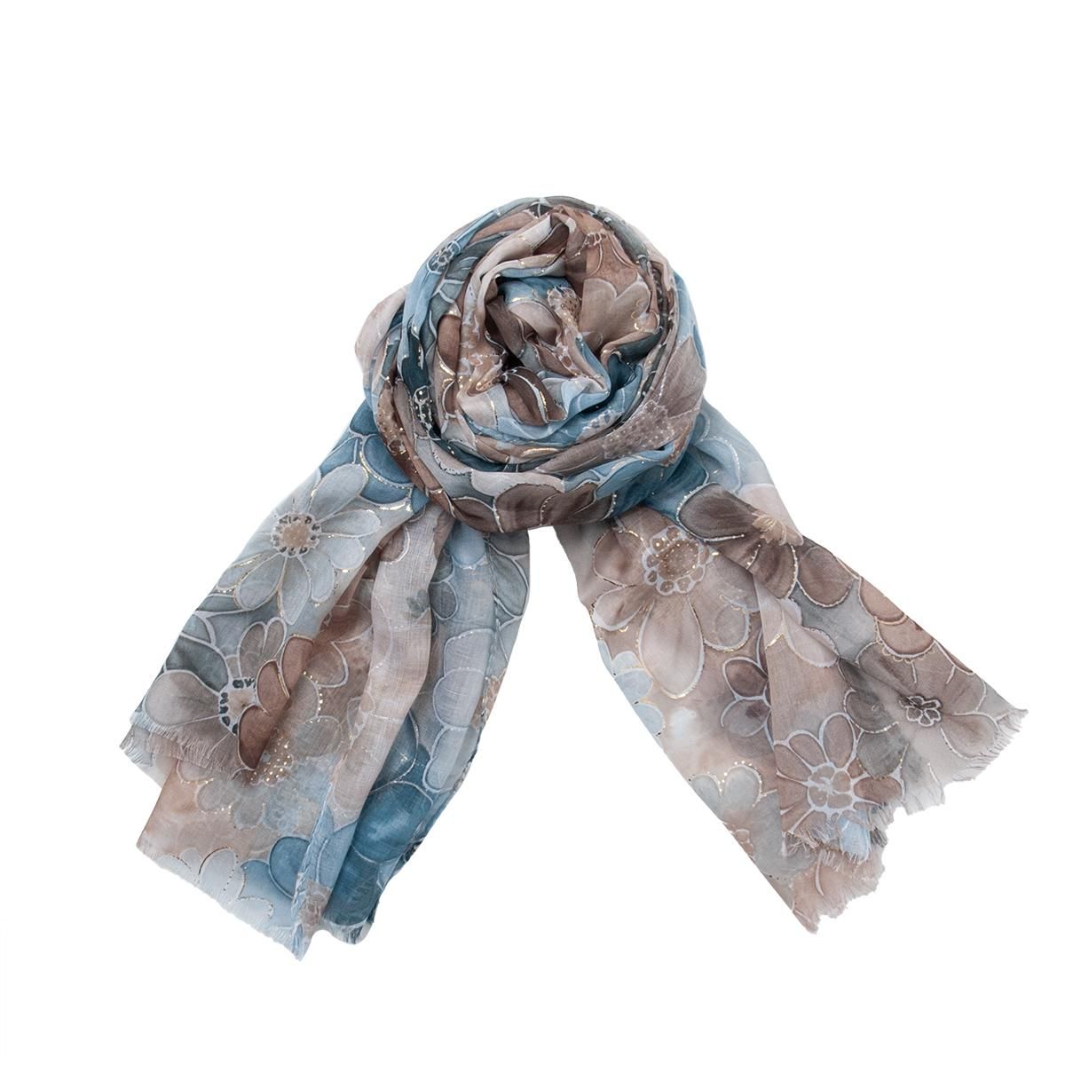  Mönstrad scarf blå/beiga toner med blommönster och guld i 