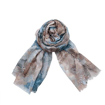  Mönstrad scarf blå/beiga toner med blommönster och guld i 