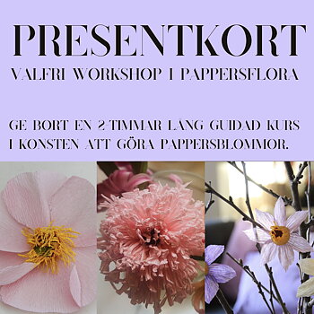 Bild på presentkort till valfri workshop i pappersflora, med olika slags pappersblommor på bilden. 