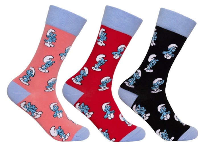 3 pairs of socks patterned with small different Smurfs