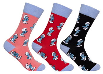 3 pairs of socks patterned with small different Smurfs