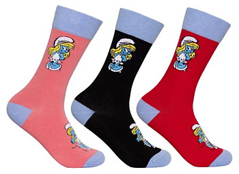 3-Par strumpor med Smurfan som motiv. Ett par rosa, ett par svarta och ett par röda.