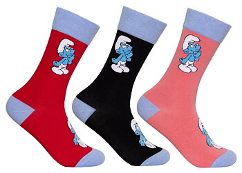 3-Par strumpor med smurfmotiv på skaftet och vid tån. röda, svarta och rosa strumpor med blå accenter