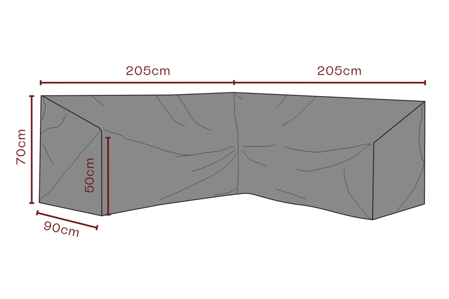 Måttbild som visar Brafab Andas möbelskydd för hörnsoffa i L-form. Skyddet är grått och följer soffans vinkel, symmetrisk med längden 205 cm med markerad höjd på 70 cm.