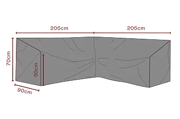 Måttbild som visar Brafab Andas möbelskydd för hörnsoffa i L-form. Skyddet är grått och följer soffans vinkel, symmetrisk med längden 205 cm med markerad höjd på 70 cm.