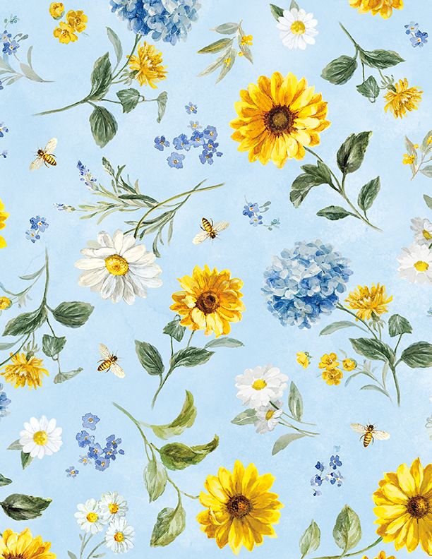 Tyg - Blue Large Floral Toss - Bees & Blooms