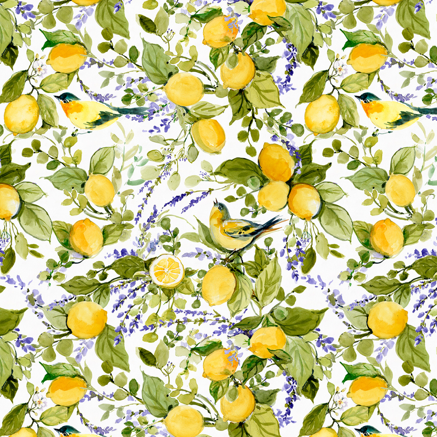 Tyg - Lemon & Birds,  White Large All Over - Lavender Lemonade - Citroner & Fåglar