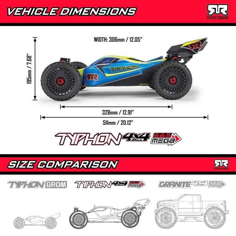 ARRMA 1/8 TYPHON MEGA 665 4X4 RTR Brushed Buggy, Blue - 29