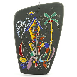 Hans Welling (Surreale 1959) Brown Wall Plaque with Colorful Decor 30 cm