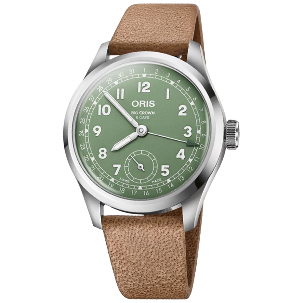 01 403 7799 4067-07 6 20 09FC Oris Big Crown Pointer Date Caliber 403, 40 grön läder